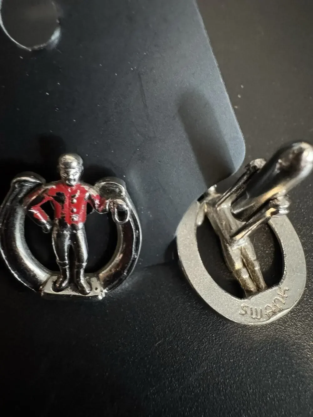 Vintage SWANK Jockey Horseshoe Cufflinks Horse Racing Equestrian Red Enamel